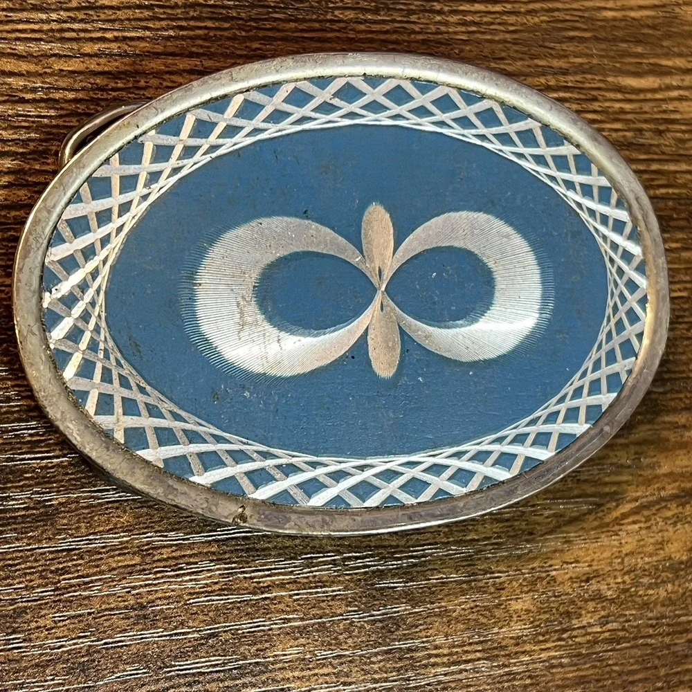 Vintage Western Belt Buckle Blue White Silver Etched Geometric Rope Border Metal